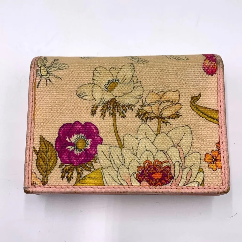 Ltd Edition GUCCI GG Logo Japanese Floral Pinks Leather Canvas Sml Bifold Wallet - Picture 2 of 10